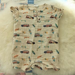 Angel Dear muslin woody wagon and surfboard romper